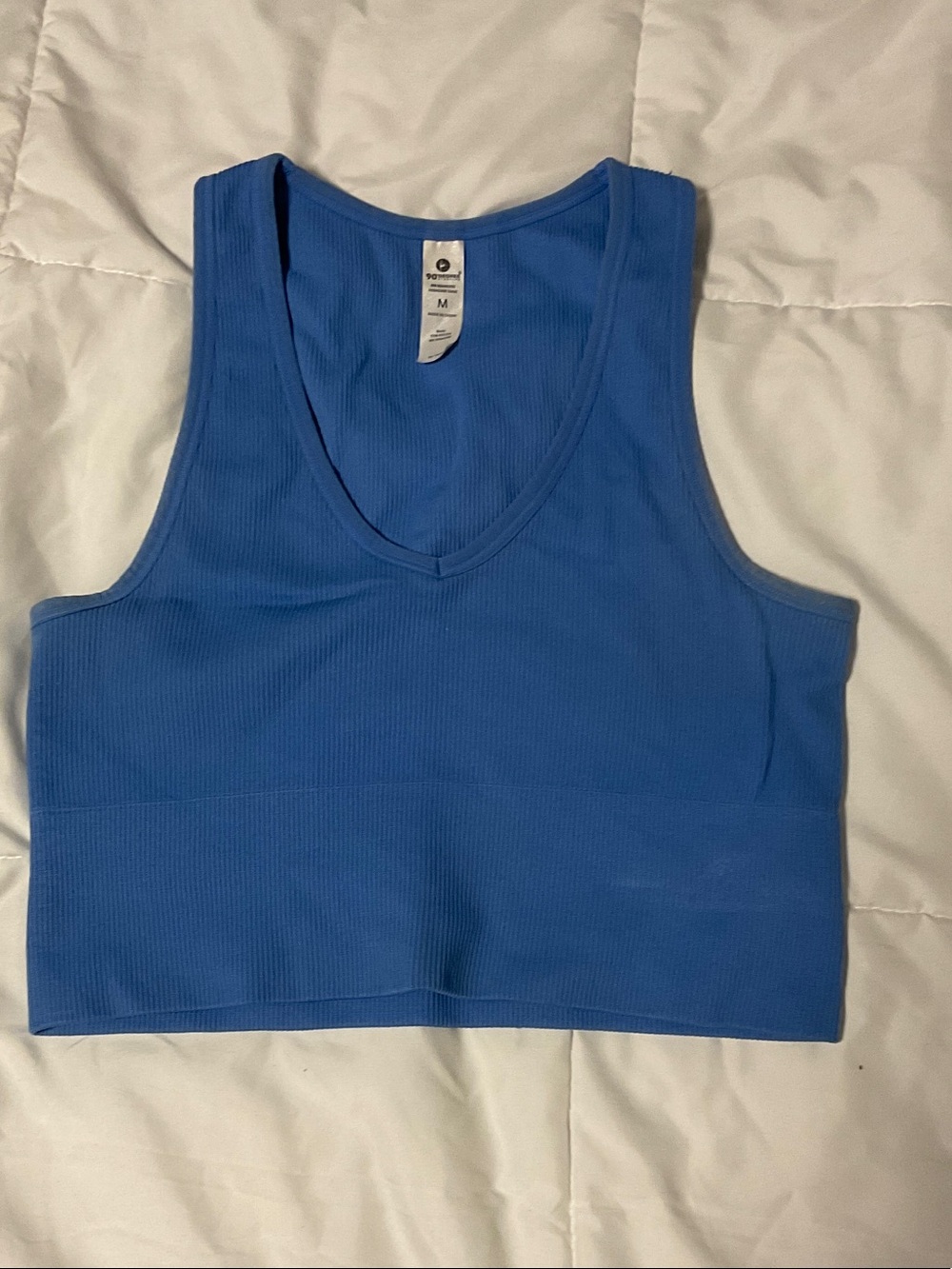 90 Degree By Reflex Blue Ribbed V-Neck Crop Tank Top